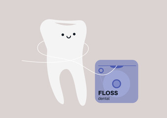 A cheerful tooth character joyfully interacts with a box of dental floss, emphasizing the significance of regular dental care and good oral hygiene practices in a simple and appealing design