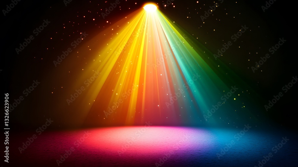 Poster Rainbow spotlight illuminating empty stage with falling glitter particles