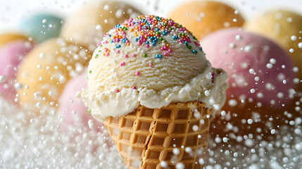 Vanilla ice cream cone, colorful sprinkles