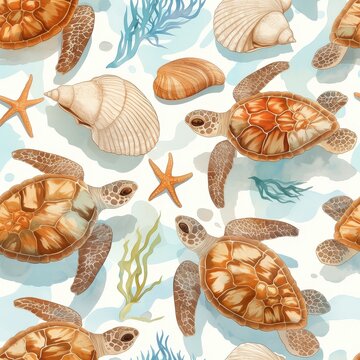Seamless Watercolor Pattern Sea Turtles Shells Starfish and Seaweed Ocean Beach Summer Design