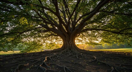 Majestic Green Tree at Sunset - A large, ancient tree with sprawling roots, bathed in the golden light of a setting sun. Symbolizing strength, resilience, growth, wisdom, and connection to nature