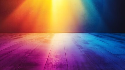 Colorful spotlights illuminating wooden floor in empty room with textured wall