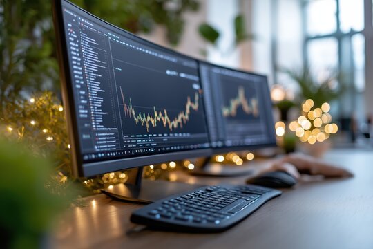 Advanced tech workstation with ultra-wide monitors showcasing intricate financial charts in a modern trading environment