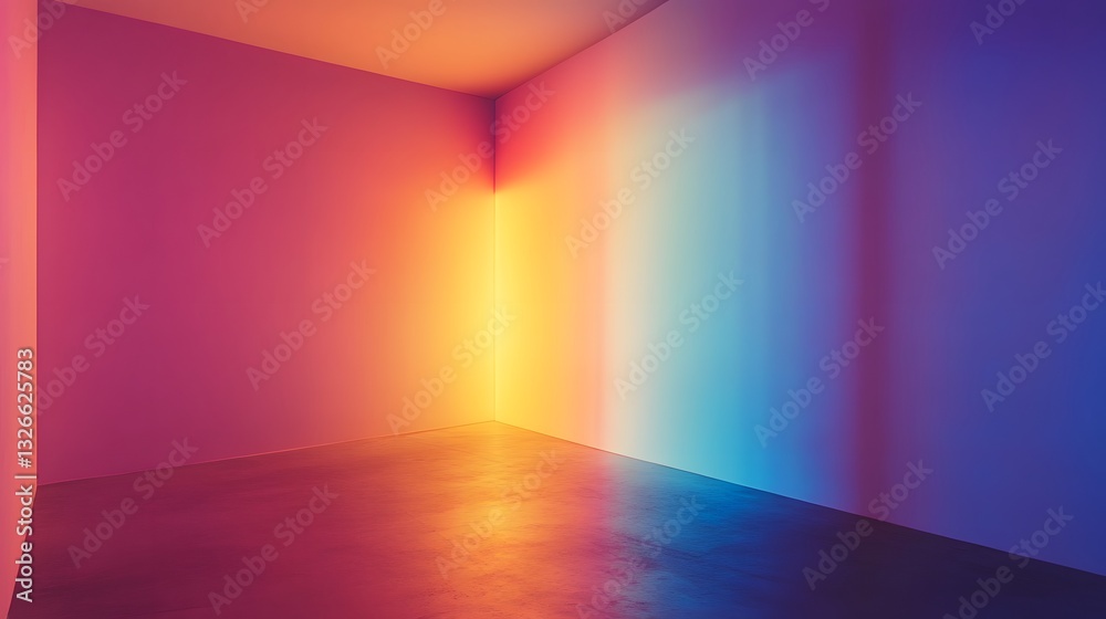 Poster Empty room with colorful light projection creating gradient on walls