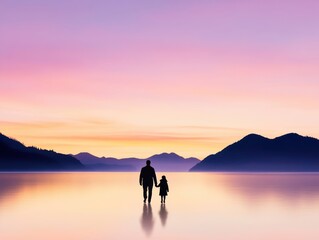 Fototapeta premium Silhouette of a parent and child walking hand in hand at sunset by a tranquil lake