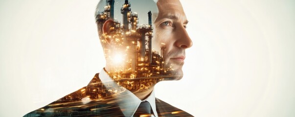 A man contemplates industry with an overlay of the city