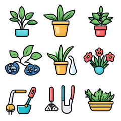 Vector Illustrations of Potted Plants and Gardening Tools, Isolated