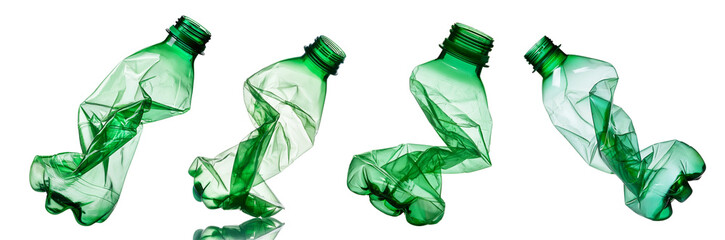 Crushed green plastic bottles showcasing recycling and waste management practices.