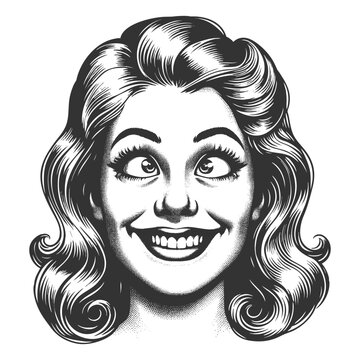 recommend clip art: cheerful woman with crossed eyes, retro curls and playful, exaggerated smile, exuding charm sketch engraving generative ai fictional character vector illustration. Scratch board. Black and white image