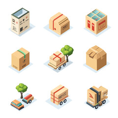 Isometric delivery boxes and transport vehicles, shipping and logistics concept.