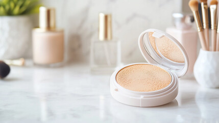 Open highlighter compact with beauty brushes on marble
