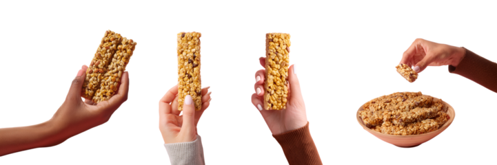 Hands showcasing healthy snack bars, perfect for nutrition and energy on the go.