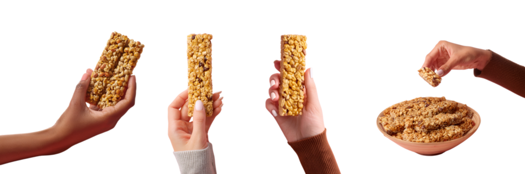 Hands showcasing healthy snack bars, perfect for nutrition and energy on the go.