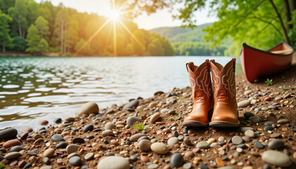 Mud-splattered cowboy boots by tranquil riverbank at sunset, outdoor adventure