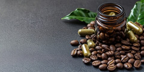 Antioxidant Extracts superfood concept. Coffee beans and supplements arranged with a dark background and green leaves.