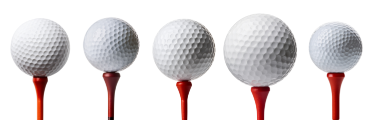 Five golf balls on tees representing different stages of a game.