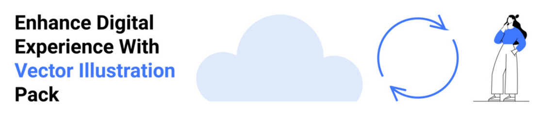 Cloud icon surrounded by circular arrows suggesting synchronization and a woman pondering ideas. Ideal for technology, creativity, process, innovation, data storage, solutions, flat landing page