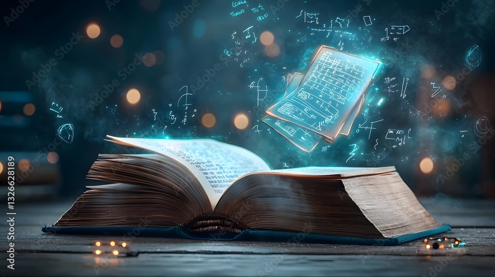 Poster visually captivating mathematical formulas floating above an open book surrounded by swirling number