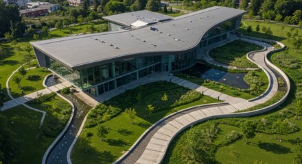 Modern Green Campus Building - Aerial view of a contemporary building nestled in a landscaped park, featuring curved walkways and water features