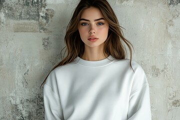 A beautiful young woman poses wearing a white sweatshirt