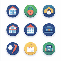 Home security, shopping, and lifestyle icon set in a digital illustration.