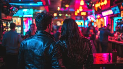 Obraz premium Stylish Couple in Matching Black Leather Jackets Surrounded by Neon Lights in a Busy Nightlife Scene