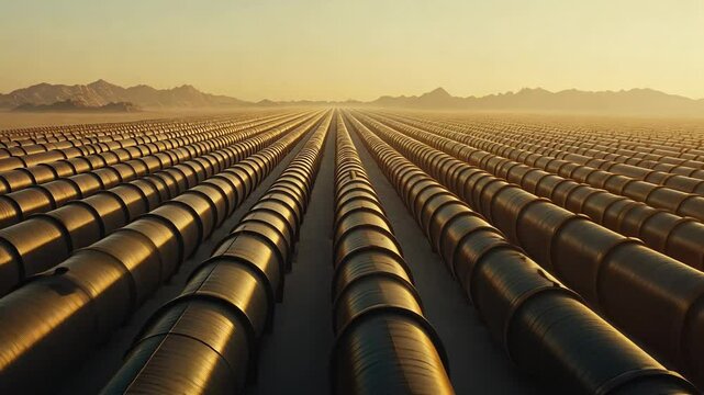 Endless Pipes in Desert Landscape: A Golden Hour Panorama