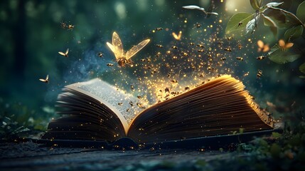 A photograph depicting an open book releasing a swarm of bioengineered insects glowing with microscopic circuits