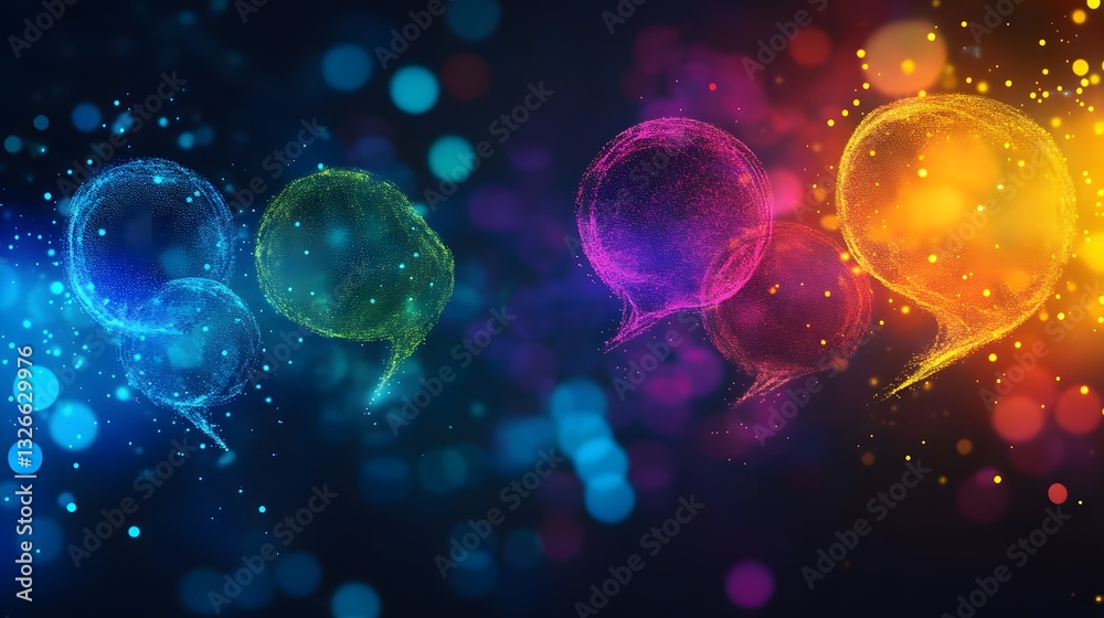 Poster colorful speech bubbles floating in a dark digital world