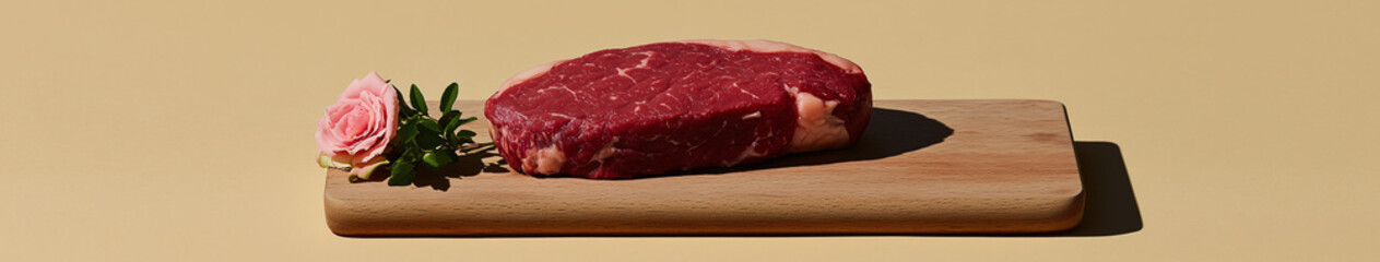 Fototapeta premium Savory Steak: A raw, succulent steak rests on a wooden cutting board, a delicate pink flower and sprig of herbs alongside it, offering a visual feast and a promise of a delicious culinary experience.