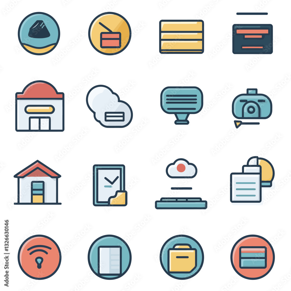 Poster vector icons of various objects and symbols in modern flat design