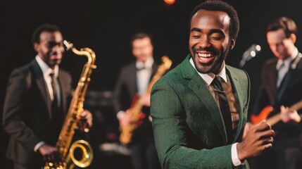 Fototapeta premium Joyful Man in Tailored Green Suit Dancing with Musicians on Stage Under Vibrant Lights
