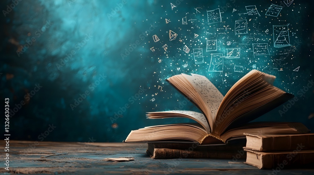 Poster an open book generating a holographic chalkboard above its pages displaying intricate calculus equat