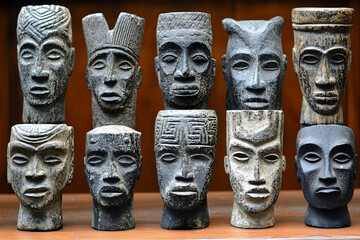 Collection of Tribal Carved Wooden Faces Depicting Cultural Heritage