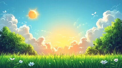 Obraz premium Idyllic sunrise over lush green field with fluffy clouds and trees.