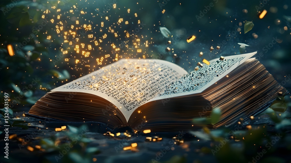 Poster an open book with numbers cascading like a waterfall forming intricate mathematical sequences prime 