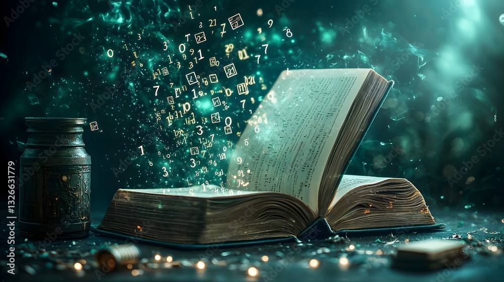 Poster a captivating photograph showcasing an open book with numbers cascading like a magical waterfall for