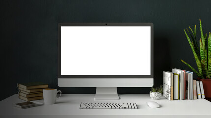 A stylish workplace with a black wall. Monitor mockup. On the desk is a computer monitor, a green potted plant, a cup, a keyboard, a mouse and a stack of books. Website advertising