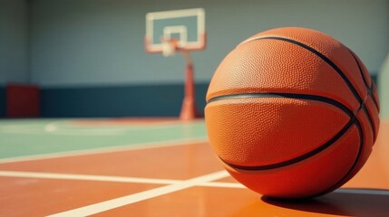 Fototapeta premium A Close-Up View of a Basketball Resting on a Court, with a Blurred Background Showing a Hoop