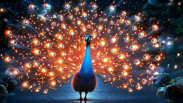 Vibrant peacock displaying glowing tail feathers in mystical nighttime setting
