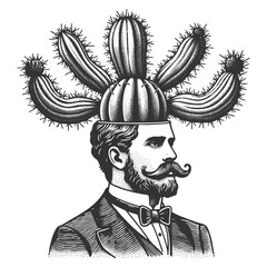 man with cacti growing from his head, symbolizing resilience, creativity, and surreal thinking sketch engraving generative ai fictional character vector illustration. Scratch board. Black and white.