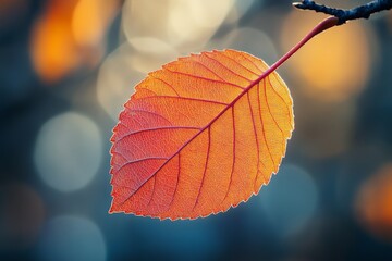 Obraz premium Vibrant autumn leaf illuminated against a blurred background of fall colors