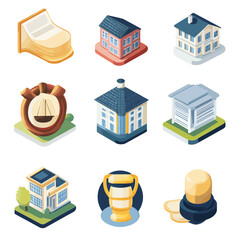 Isometric vector illustration of buildings and object collection.