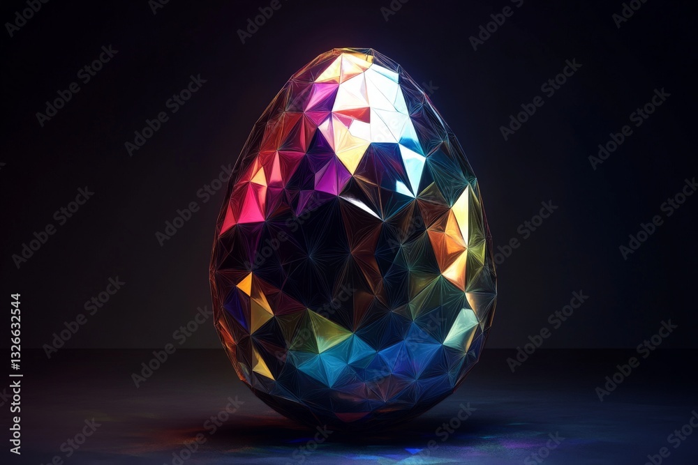 Poster vibrant geometric egg design illuminated with colorful reflections against a dark background