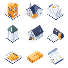 Isometric Houses, Documents, and Business Concepts Illustration