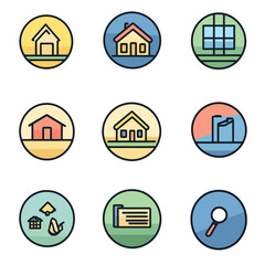 Colorful House Icons in Circles: Real Estate, Home, and Design Elements