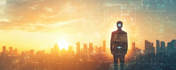A futuristic individual observing a city skyline at sunset