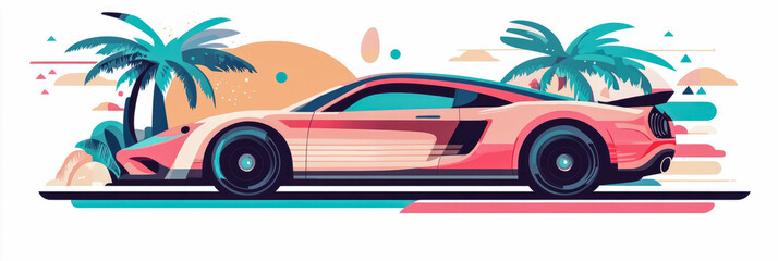 Tropical Getaway: sleek coupe cruising against a stylized island with palm, conjuring a vibrant summer mood