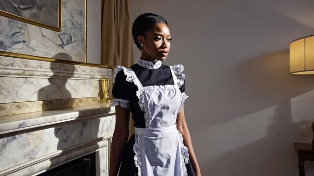 A young woman in a classic black and white maid outfit standing in an elegant vintage-style room, bathed in soft light.
