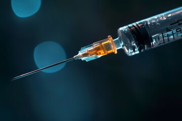 Close-up of a Syringe with Needle Pointing Up Against a Dark Blue Bokeh Background